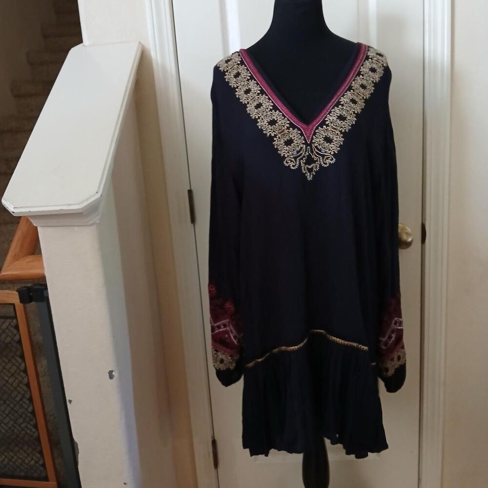 Free People Black "Wild One" Embroidered Boho Tunic Mini Dress L Festival Boho